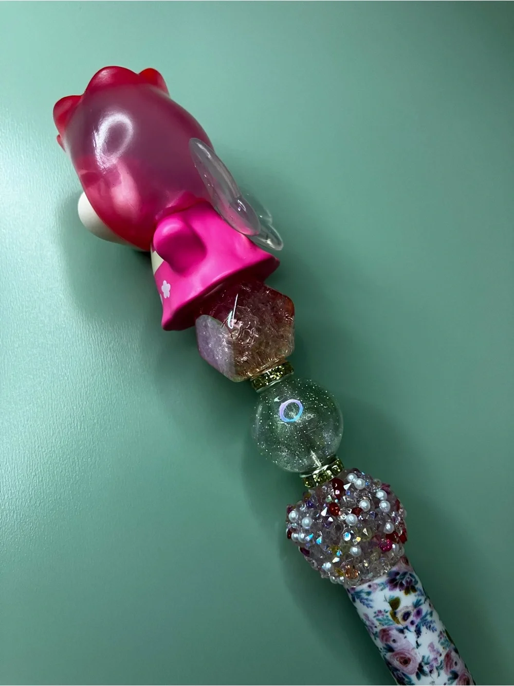 Pink Flower Fairy Handmade Beaded Pen with Floral Print Barrel